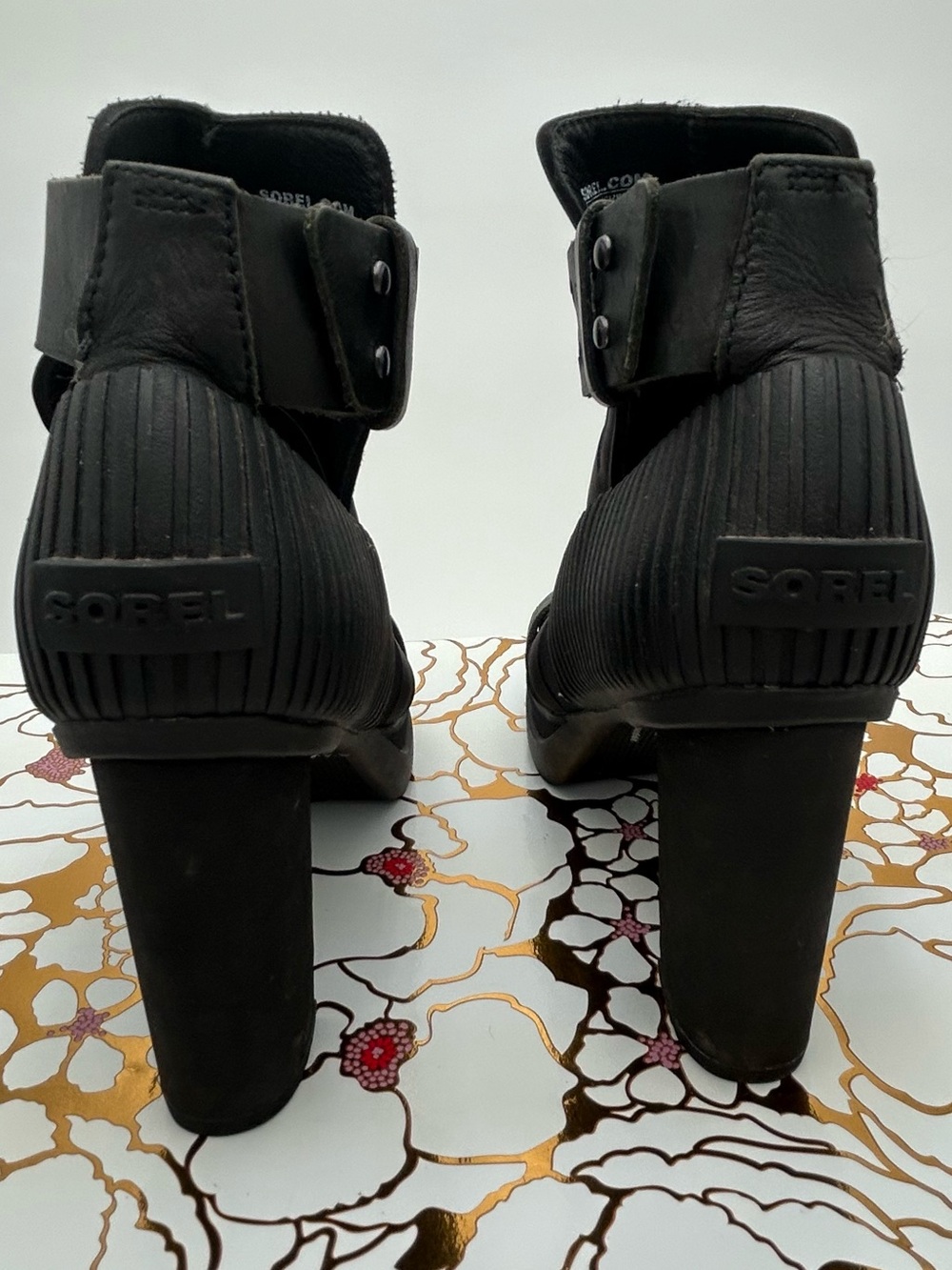 Sorel Black Leather Ankle Heeled Boots with Buckle